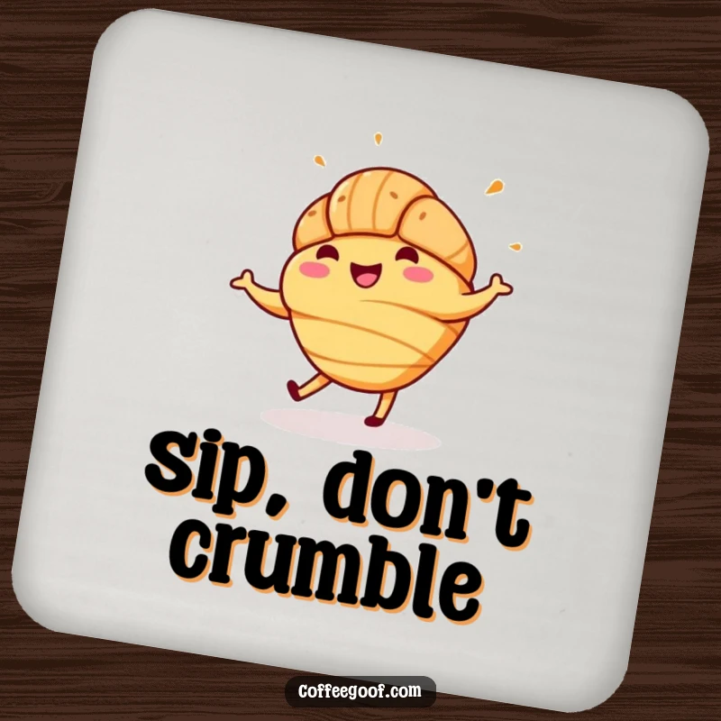 Funny drink coaster depicting a cheerful croissant with sprinkles doing a jaunty jig, adding pastry-themed joy to beverage service.