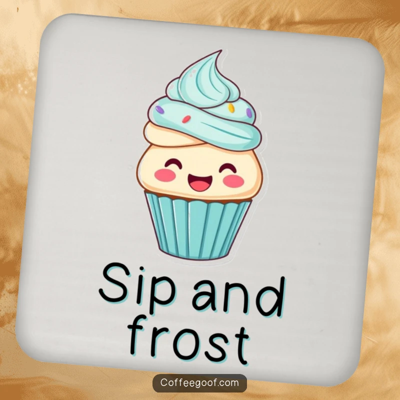 Funny cupcake coaster, a cupcake character frosting itself, protecting surfaces with sweet charm.