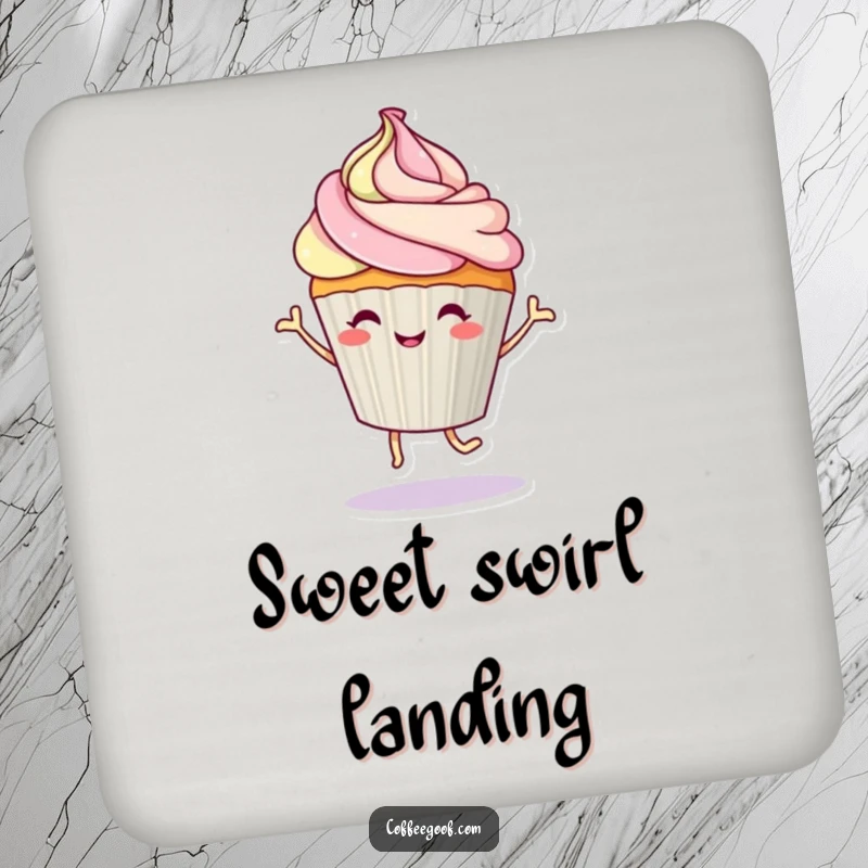 Funny cupcake character dancing with a frosting swirl featured on a protective drink coaster, adding sweet humor.