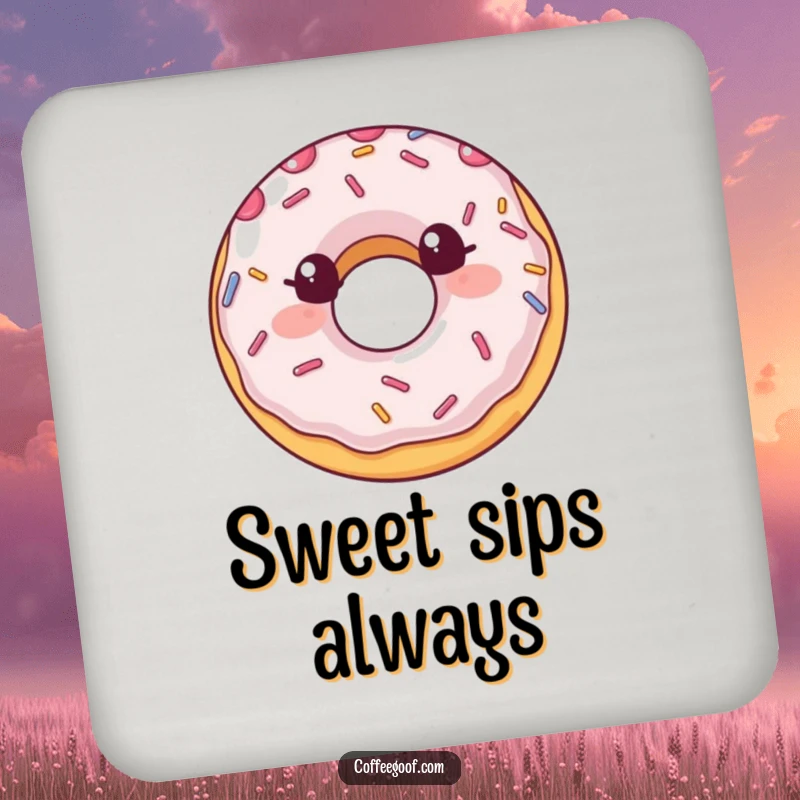 Funny Coaster depicting a smiling donut with playful sprinkles, offering sweet protection and humor as a funny gift.
