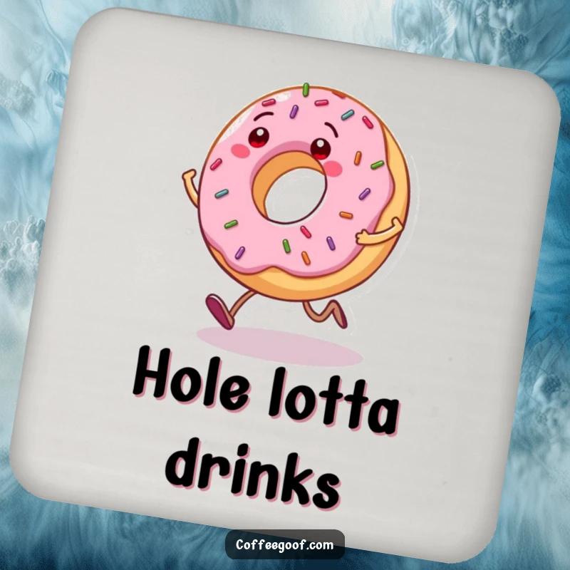 Funny Donut Coasters: A grinning donut character with sprinkles bouncing as it hops, protecting surfaces with charm.