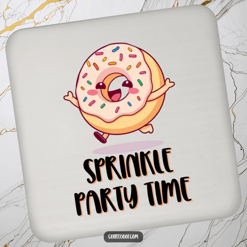 Funny donut character with bouncing sprinkles hopping, featured on a protective drink coaster, adding sweet humor.