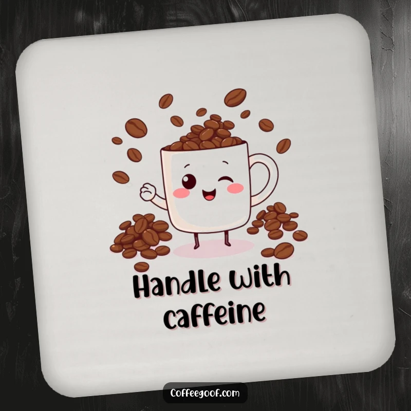 Funny cheerful mug character juggling coffee beans on drink coasters, adding coffee-themed humor to table settings.