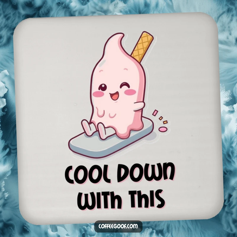 Funny melting ice cream character in a slow, happy slide on a drink coaster, adding humor to table settings.