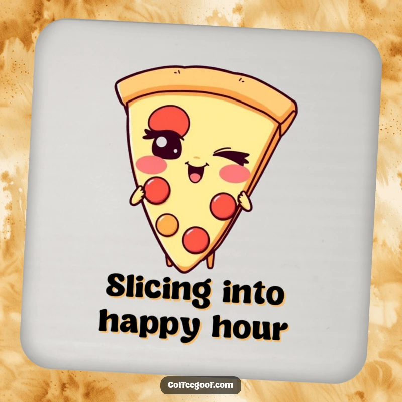 Funny Pizza Coasters: A giggling slice of pizza character with a mischievous wink, protecting surfaces with cheesy charm.