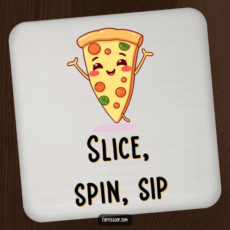 Funny smiling pizza slice coaster, dancing joyfully, adding a humorous and protective touch to tabletops, ideal for pizza parties.