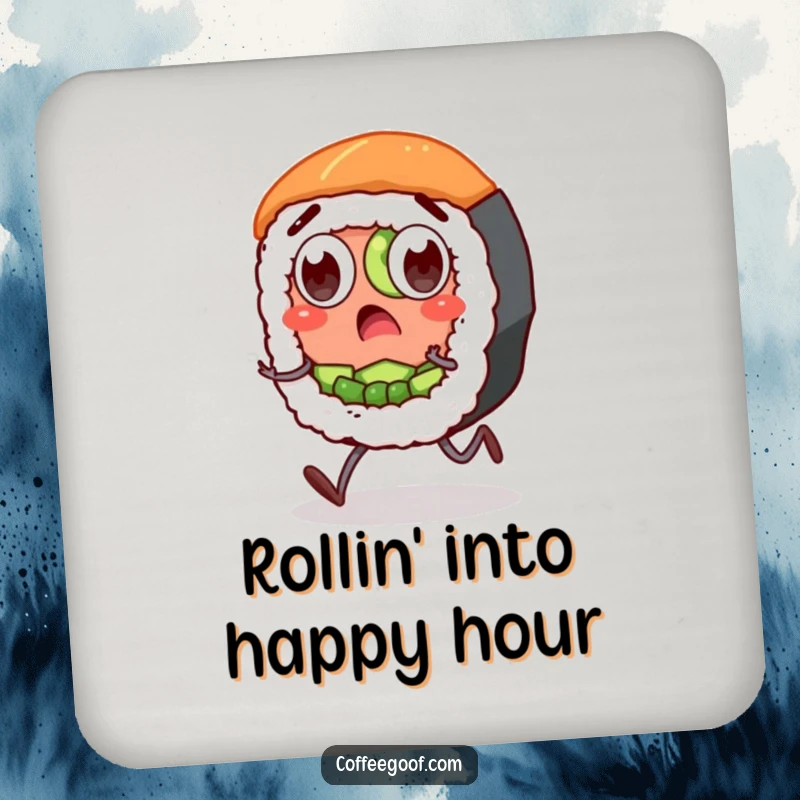 Funny Sushi Coasters: A surprised sushi roll character with wide eyes and stubby legs, protecting surfaces with comedic flair.