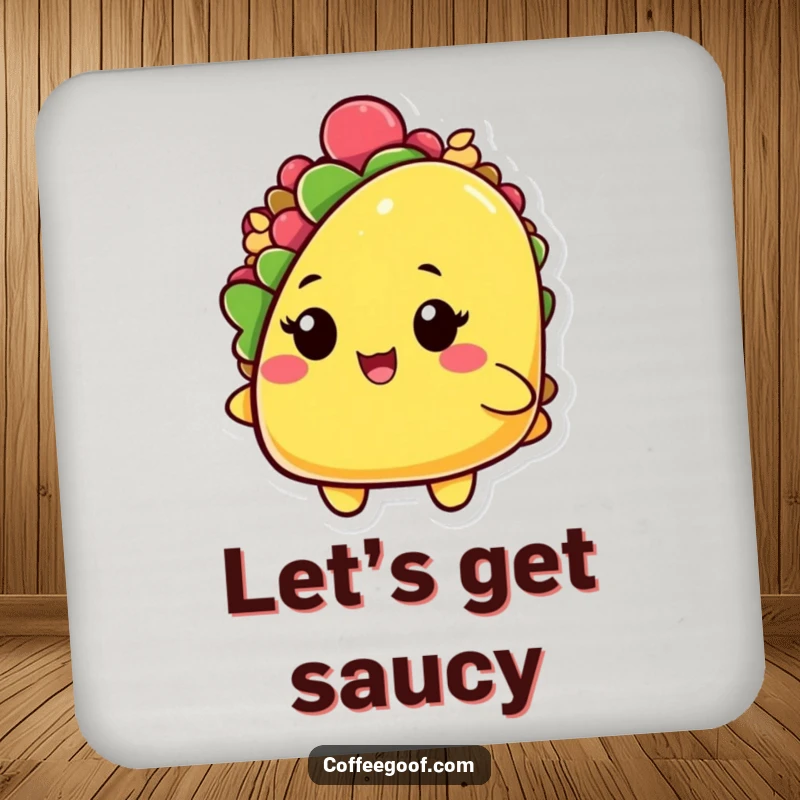 Funny drink coaster with a playful taco character, shell slightly open, and a cheeky wink, protecting surfaces with a humorous touch.