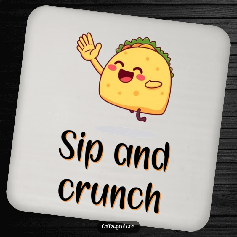 Funny coaster featuring a taco with legs enthusiastically performing a high-five, adding a humorous and practical touch to any surface.