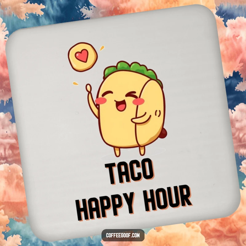 Funny taco character winking and flipping a pancake featured on a protective drink coaster, adding culinary humor.