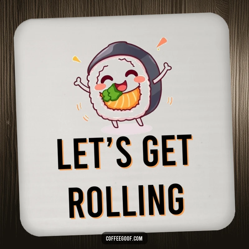 Funny drink coaster with a happy sushi roll character in a celebratory spin, protecting surfaces with a humorous touch.