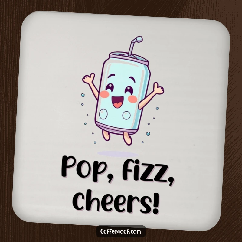 Funny soda can coaster, depicted leaping with exhilaration, adding a humorous and protective touch to any tabletop.