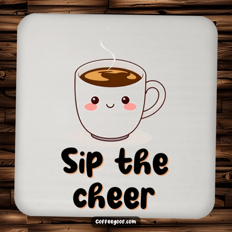 Funny drink coaster with a cheerful coffee cup character, steam, and a wiggling handle, protecting surfaces with a smile.