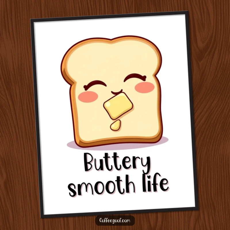 Funny Poster of a winking toast with butter sliding off, adding playful breakfast humor to wall art as a funny gift.