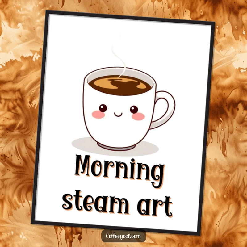 Funny poster art of a cheerful coffee cup character, steam rising, and a distinctively wiggling handle, creating a humorous and inviting scene.