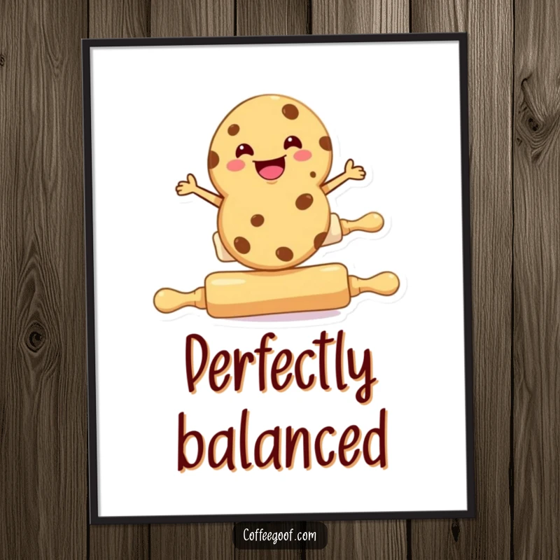 Funny cookie poster, a cookie character balancing on a rolling pin with a grin, kitchen wall art.
