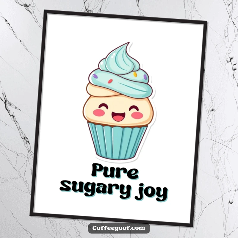 Funny cupcake poster, a happy cupcake character frosting itself with glee, whimsical and sweet wall decor.