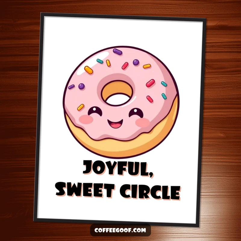 Funny poster art of a smiling donut character, surrounded by playfully bouncing sprinkles, creating a joyous and appetizing display.