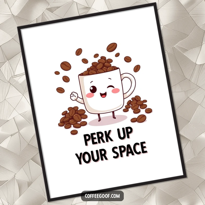 Funny cheerful mug character juggling coffee beans, creating a lively and humorous coffee-themed poster.