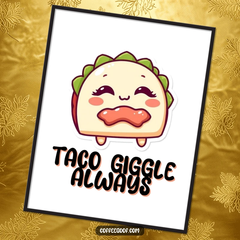 Funny Poster of a giggling taco with its filling playfully peeking out, bringing festive food humor to wall art as a funny gift.