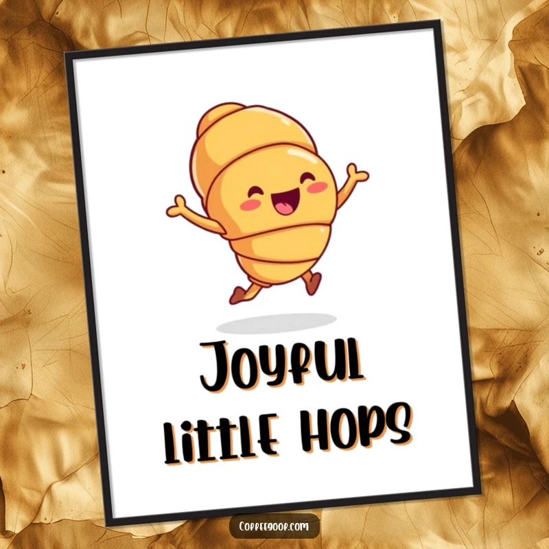 Funny Poster of a joyful croissant character doing an energetic hop, bringing whimsical pastry humor to wall art as a funny gift.
