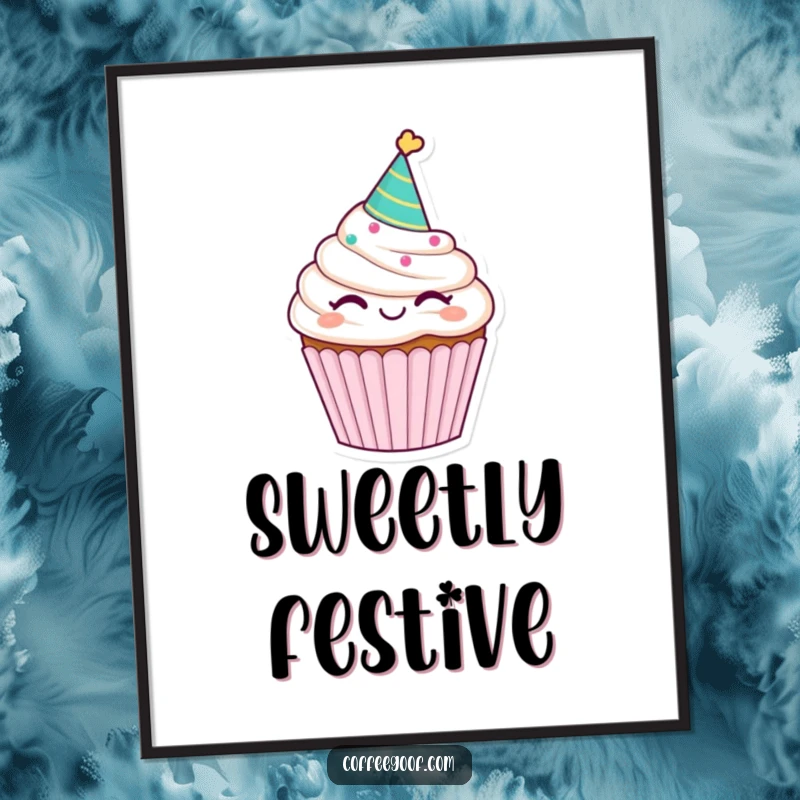Funny winking cupcake poster, wearing a party hat, exuding a playful and celebratory mood, perfect for festive decor.