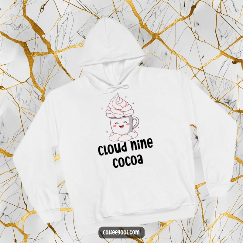 Funny Hoodie showcasing a happy cocoa mug making a delightful cannonball dive into a luxurious cloud of whipped cream, full of joy.