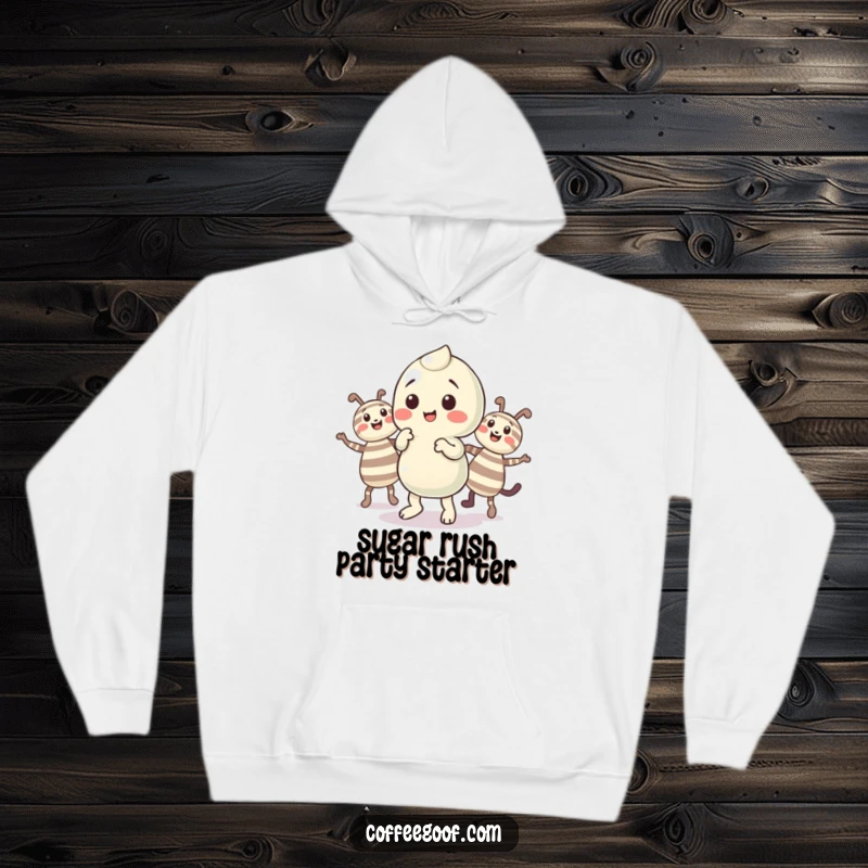 Funny Candy Hoodie with a playful candy character doing a lively jig with its striped companions, perfect for cozying up.