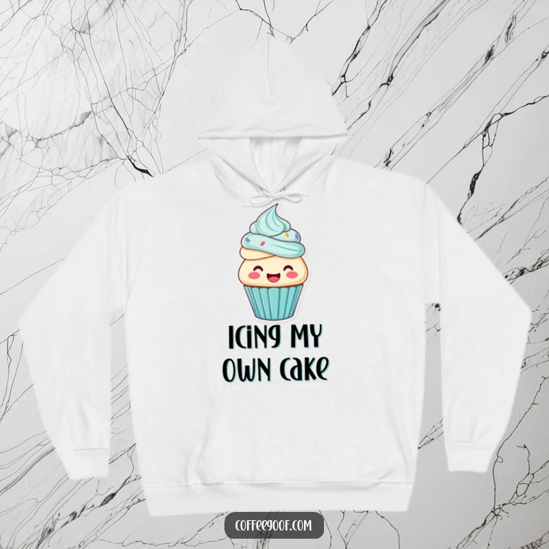 Funny cupcake hoodie, a joyful cupcake character frosting itself, cozy and sweet dessert apparel.