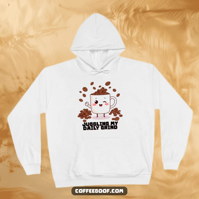 Funny cheerful mug character juggling coffee beans, designed for a warm and humorous hoodie for coffee lovers.