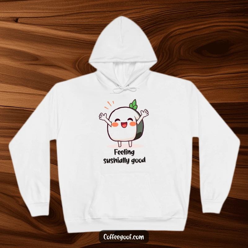 Funny Sushi Hoodie featuring a smiling anthropomorphic sushi with outstretched arms waving happily, offering cozy cheer.