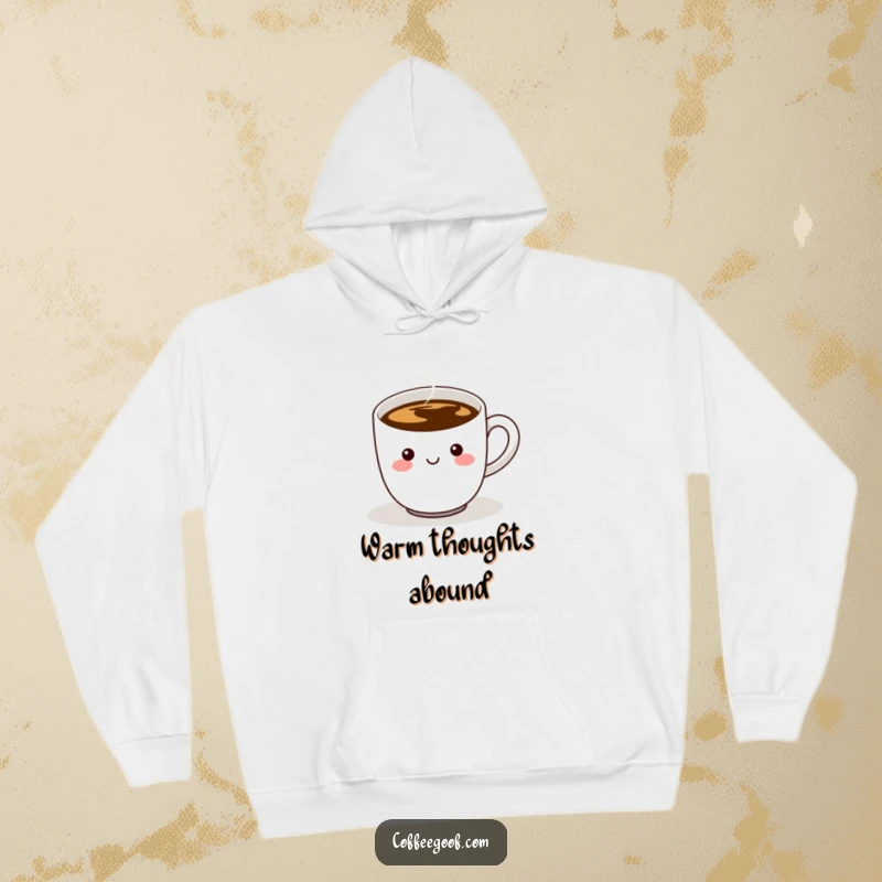 Funny hoodie illustration of a cheerful coffee cup character, emitting steam, with a uniquely wiggling handle for a humorous touch.