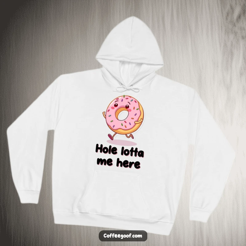 Funny Donut Hoodie: A grinning donut character with sprinkles bouncing as it hops, designed for warmth and humorous appeal.