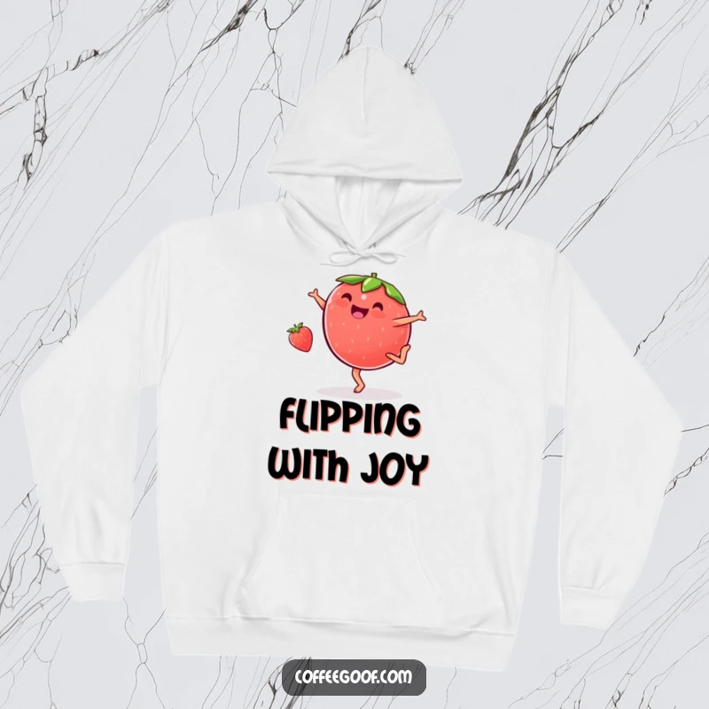 Funny plump strawberry hoodie, doing a cartwheel with glee, offering a cozy and humorous design for ultimate comfort and cheer.