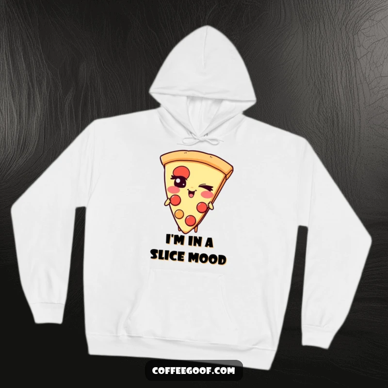 Funny Pizza Hoodie: A giggling slice of pizza character with a mischievous wink, designed for warmth and humorous appeal.