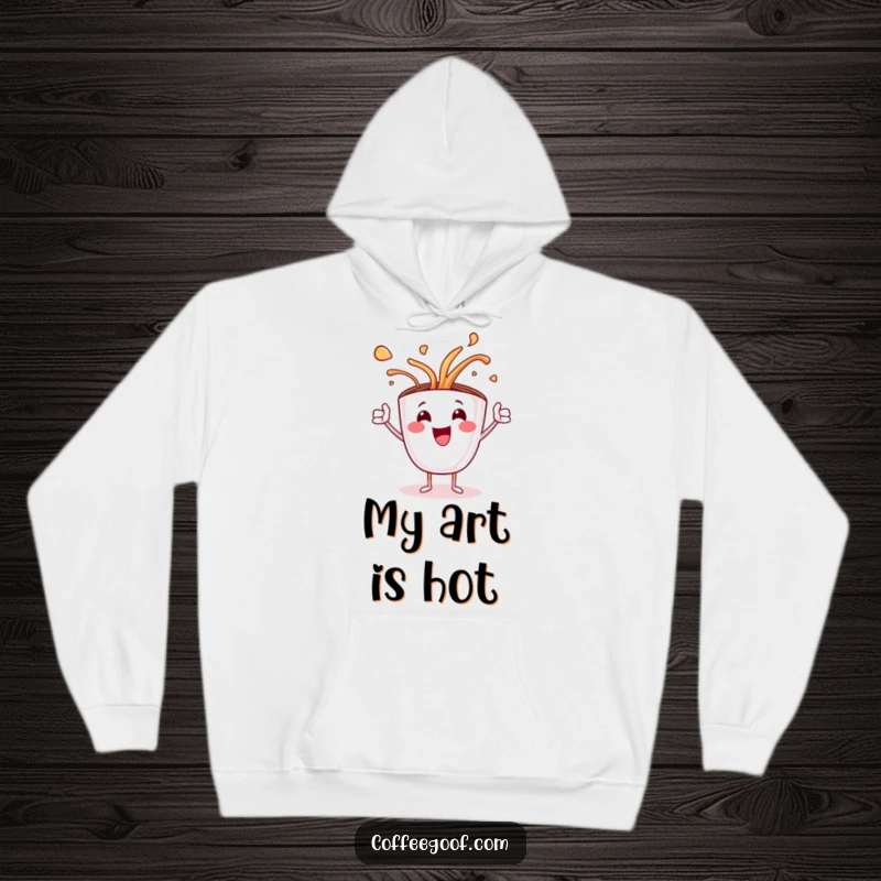 Funny hoodie with a jubilant coffee cup character dramatically spilling steaming latte art, radiating warmth and artistic chaos.