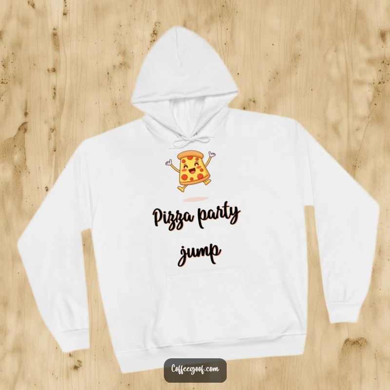Funny Hoodie featuring a happy pizza slice character performing an energetic and joyous celebratory leap, showing pure excitement and cheesy goodness.
