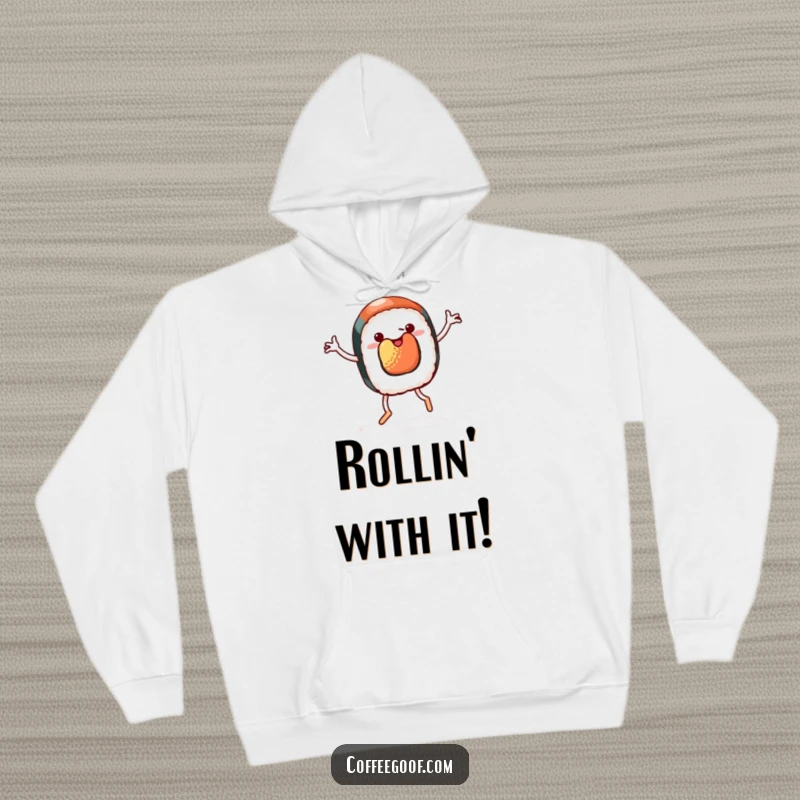 Funny hoodie featuring a piece of sushi with legs performing a cheerful jig, radiating playful energy and warmth for food lovers.