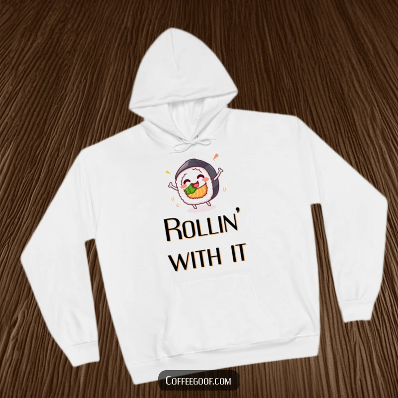 Funny hoodie featuring a happy sushi roll character in a celebratory spin, perfect for cozy, festive wear.