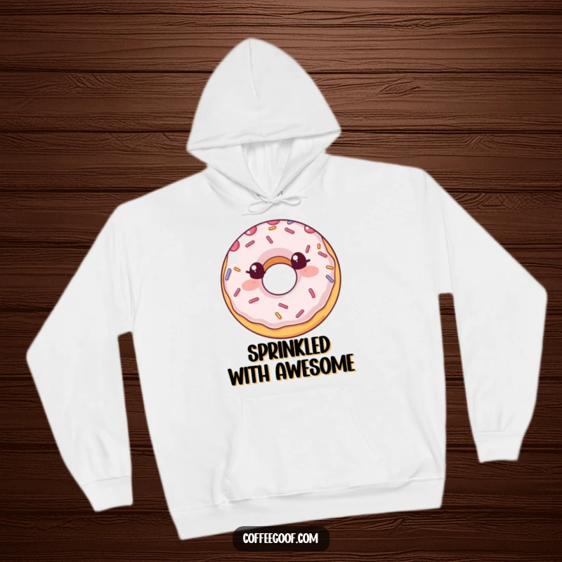 Funny Hoodie featuring a joyful smiling donut with scattered sprinkles, perfect for cozying up with a sweet and funny gift.
