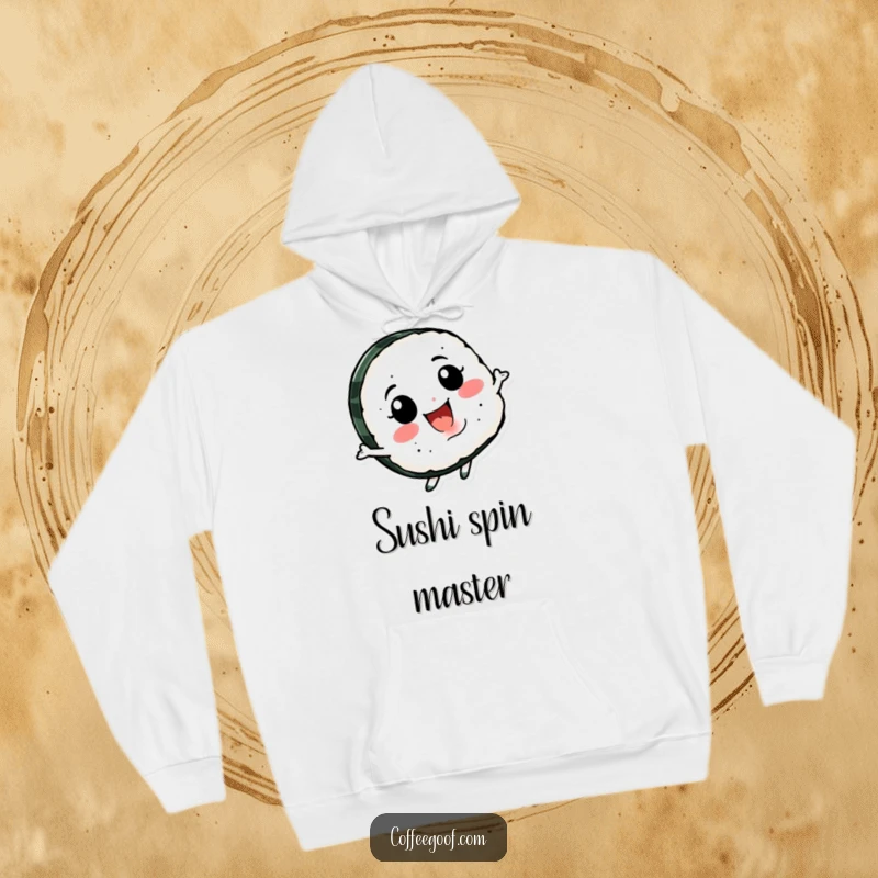 Funny Sushi Spin Hoodie with a smiling sushi character happily spinning, offering warmth and a dose of playful, food-themed humor.