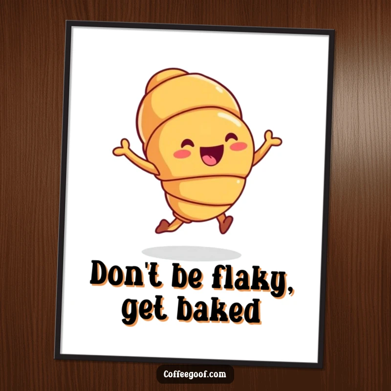 Funny free printable wall art of a joyful croissant doing an energetic hop, a whimsical and cheerful decor piece.