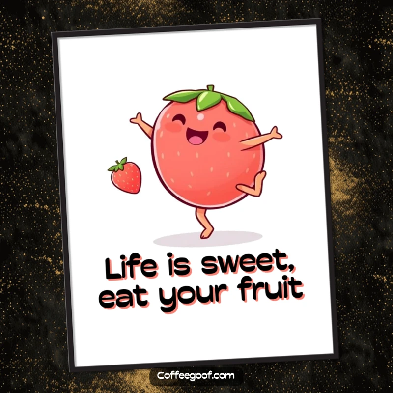 Funny Free Printable Wall Art: A plump, happy strawberry doing a dynamic cartwheel with pure glee.