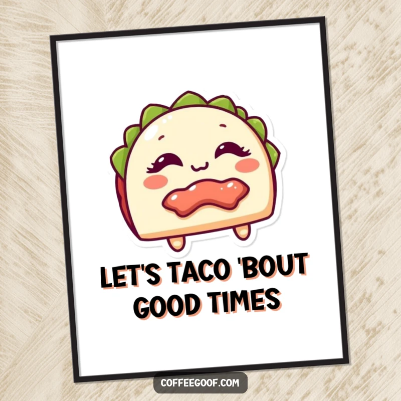 Funny free printable wall art of a giggling taco with its filling peeking out, a vibrant and humorous decor piece.