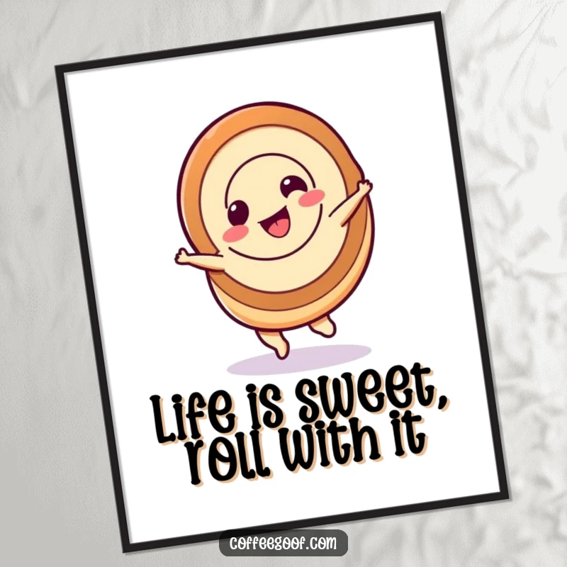 Funny Free Printable Wall Art: A cute cinnamon roll character performing a happy, energetic spin, a sweet and whimsical art piece.