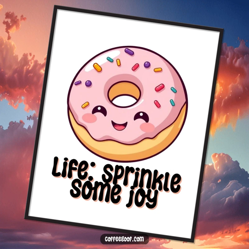 Funny Free Printable Wall Art featuring a smiling donut character with sprinkles bouncing, bringing sweet, happy vibes.
