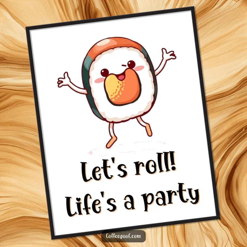 Free Printable Wall Art: A sushi with legs doing a cheerful jig, adding a playful and fun dining room vibe.