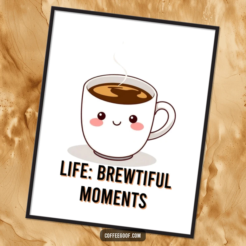 Funny Free Printable Wall Art featuring a cheerful coffee cup character with a wiggling handle, radiating warm, humorous vibes.