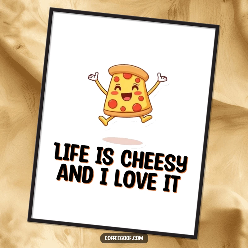 Funny Free Printable Wall Art showcasing a cheerful pizza slice character performing an energetic celebratory leap.