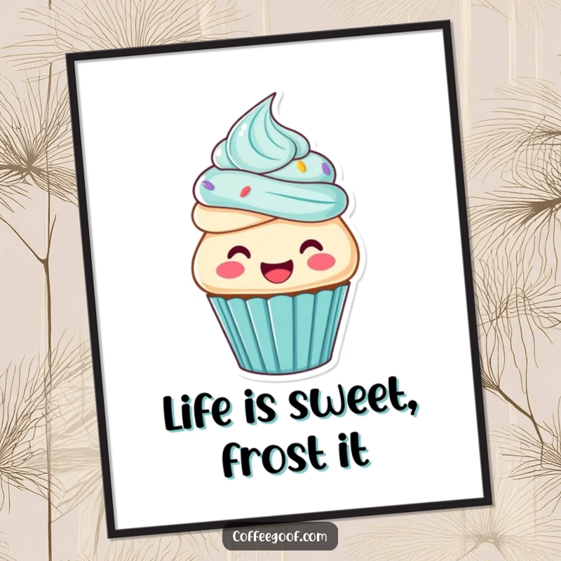Funny Free Printable Wall Art: A joyful cupcake character happily frosting itself with vibrant icing, a sweet and fun art piece.